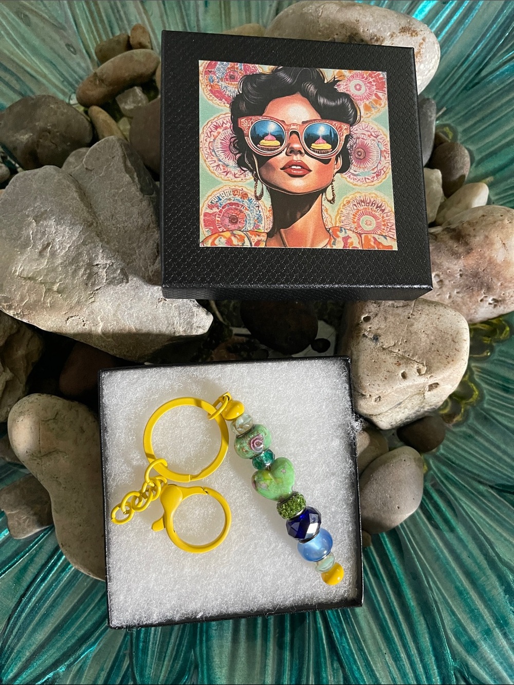 Handmade Yellow Keyring with Green and Blue Glass Beads - Unbranded